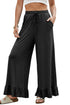 Pull On Elastic High Waist Drawstring Pocket Ruffle Hem Wide Leg Pants